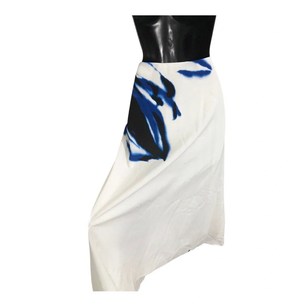 Anne Klein white dark blue fade floral bias cut swing a-line‎ skirt size large